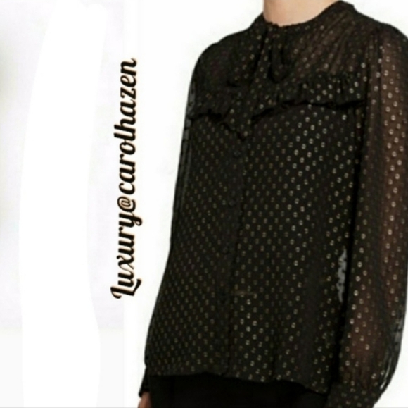 NEW Neiman Marcus Black Metallic Gold Luxury Top Sheer Long Sleeves Bow Ruffled - Picture 9 of 9